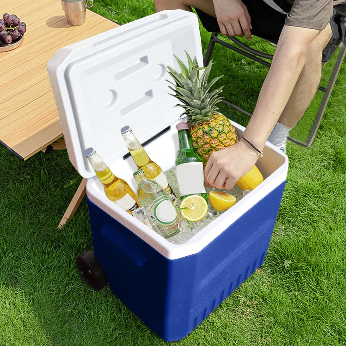 Portable Hard Ice Chest Cooler with Wheels and Handle for Outdoor Use Insulated Container for Food and Drinks Classic Storage Solution for Camping and Hiking