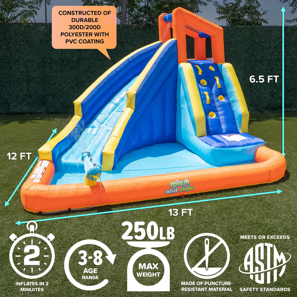 2026 NewSportspower Big Wave II Inflatable Water Slide with Climbing Wall & Splash Pool, Ages 3-8, Heavy Duty, ASTM Certified, Lifetime Warranty on Included Blower