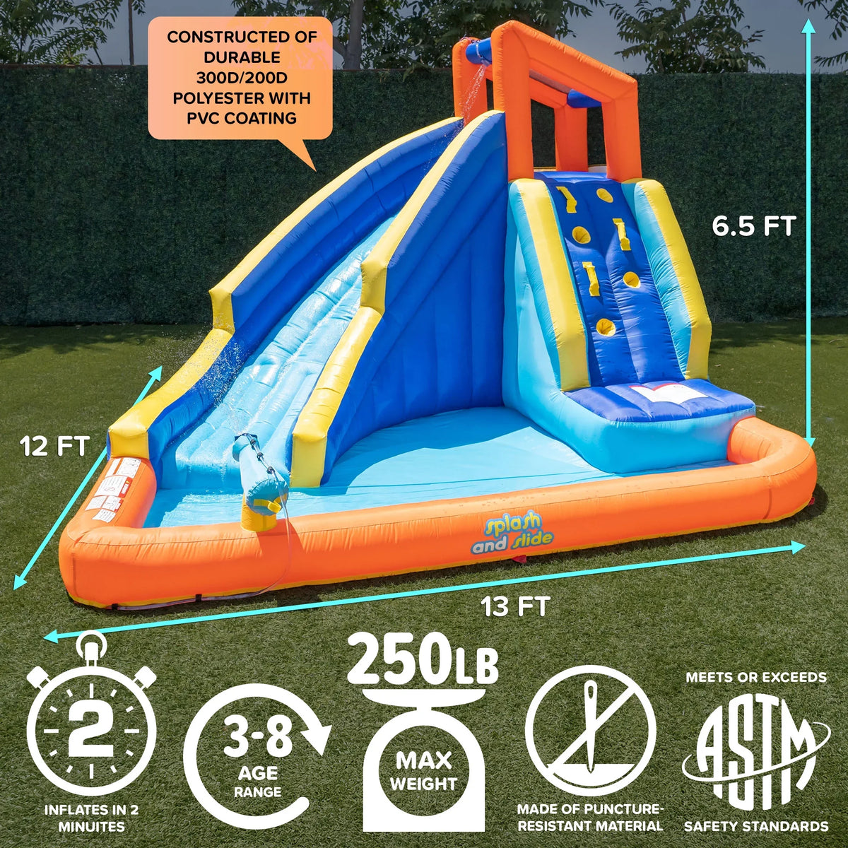 2026 NewSportspower Big Wave II Inflatable Water Slide with Climbing Wall & Splash Pool, Ages 3-8, Heavy Duty, ASTM Certified, Lifetime Warranty on Included Blower