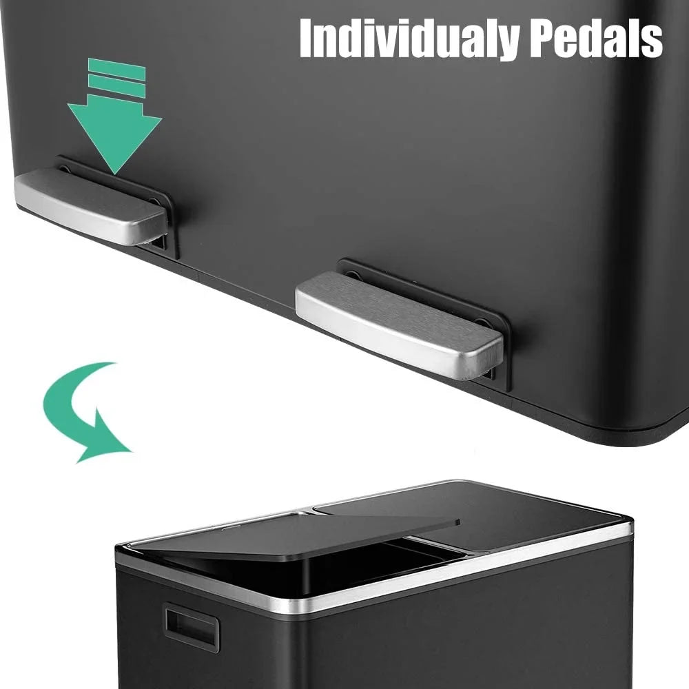 2026 NewLAZY BUDDY Dual Garbage Can, Stainless Steel 16 Gallon Step Kitchen Trash Can with Soft-Close Lid, Double Compartment Garbage Recycling Bin