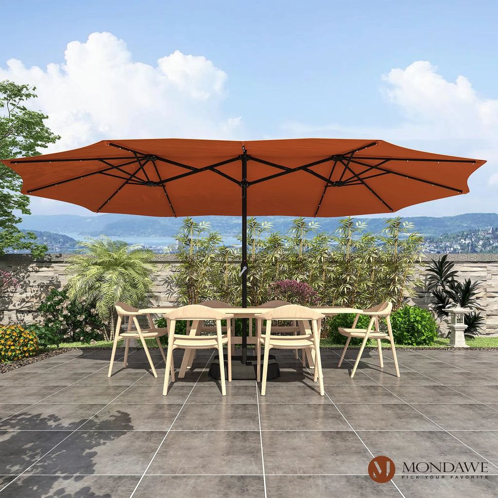 2026 NewMondawe 15ft Patio Umbrella Rectangular Outdoor Market Umbrella with Base and LED Lights Beige