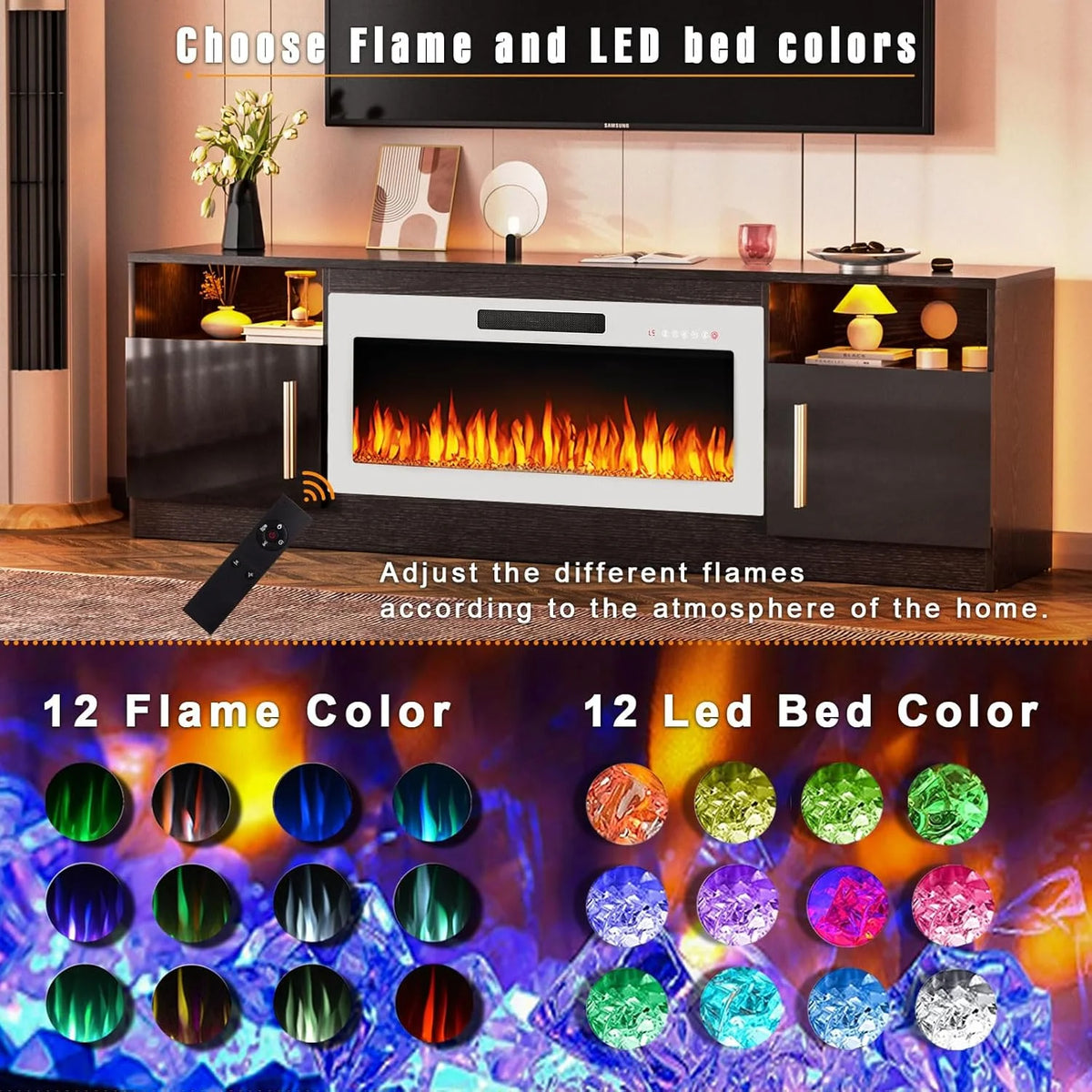 Waleaf Fireplace TV Stand with 18'' Fireplace for TVs up to 65 inch, Two Adjustable Glass Shelves