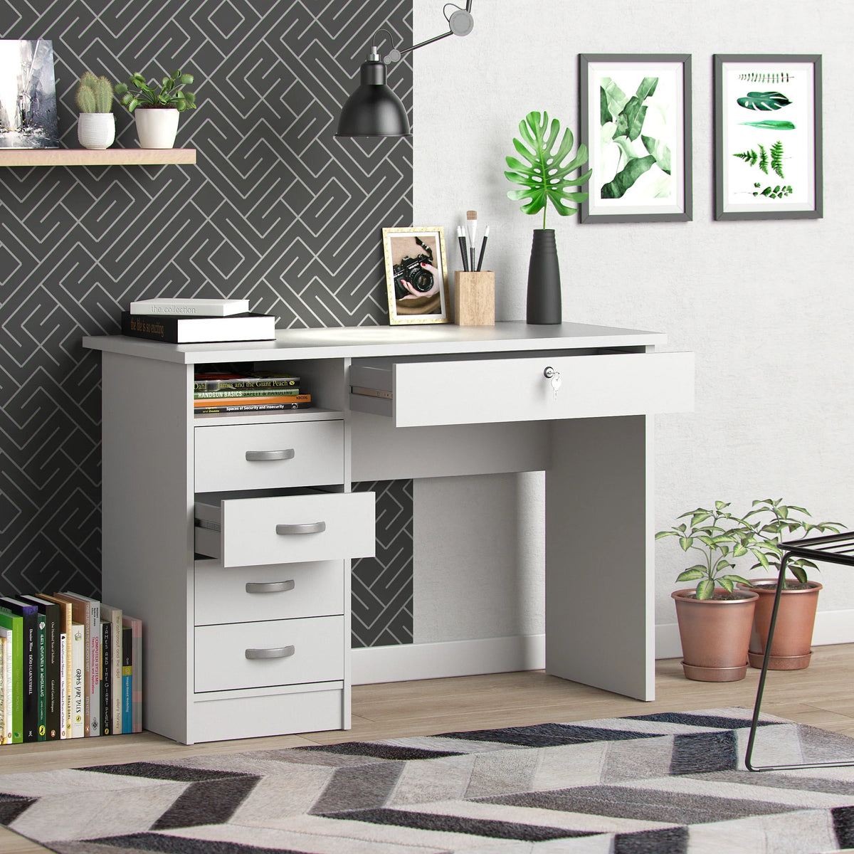 2026 NewTvilum Walden 5 Drawer Office Desk with 1 Locking Drawer for Adults, White