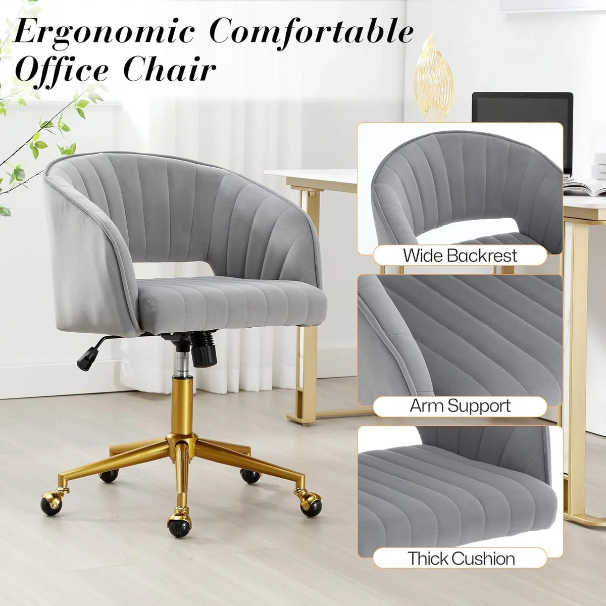 2026 NewHome Office Swivel Desk Chair, Modern Velvet Vanity Chair, Height Adjustable Armchair with Gold Base, Ergonomic Office Chair for Task Study Computer Room, Beige