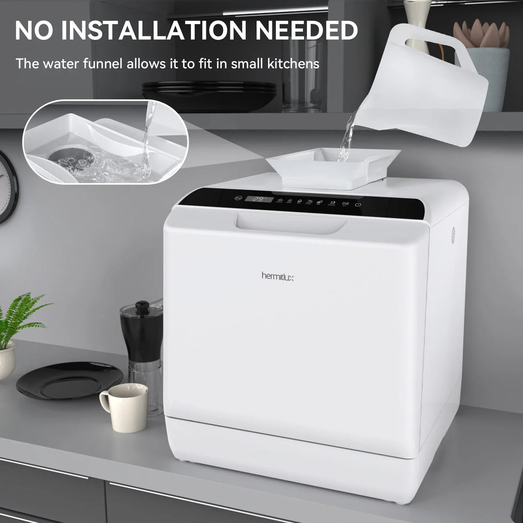 2026 NewHermitlux Portable Countertop Dishwasher, 5 Washing Programs, 5L Built-in Water Tank and Air-Dry Function, HMX-DW03