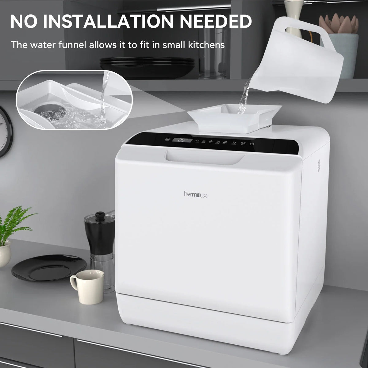 2026 NewHermitlux Portable Countertop Dishwasher, 5 Washing Programs, 5L Built-in Water Tank and Air-Dry Function, HMX-DW03