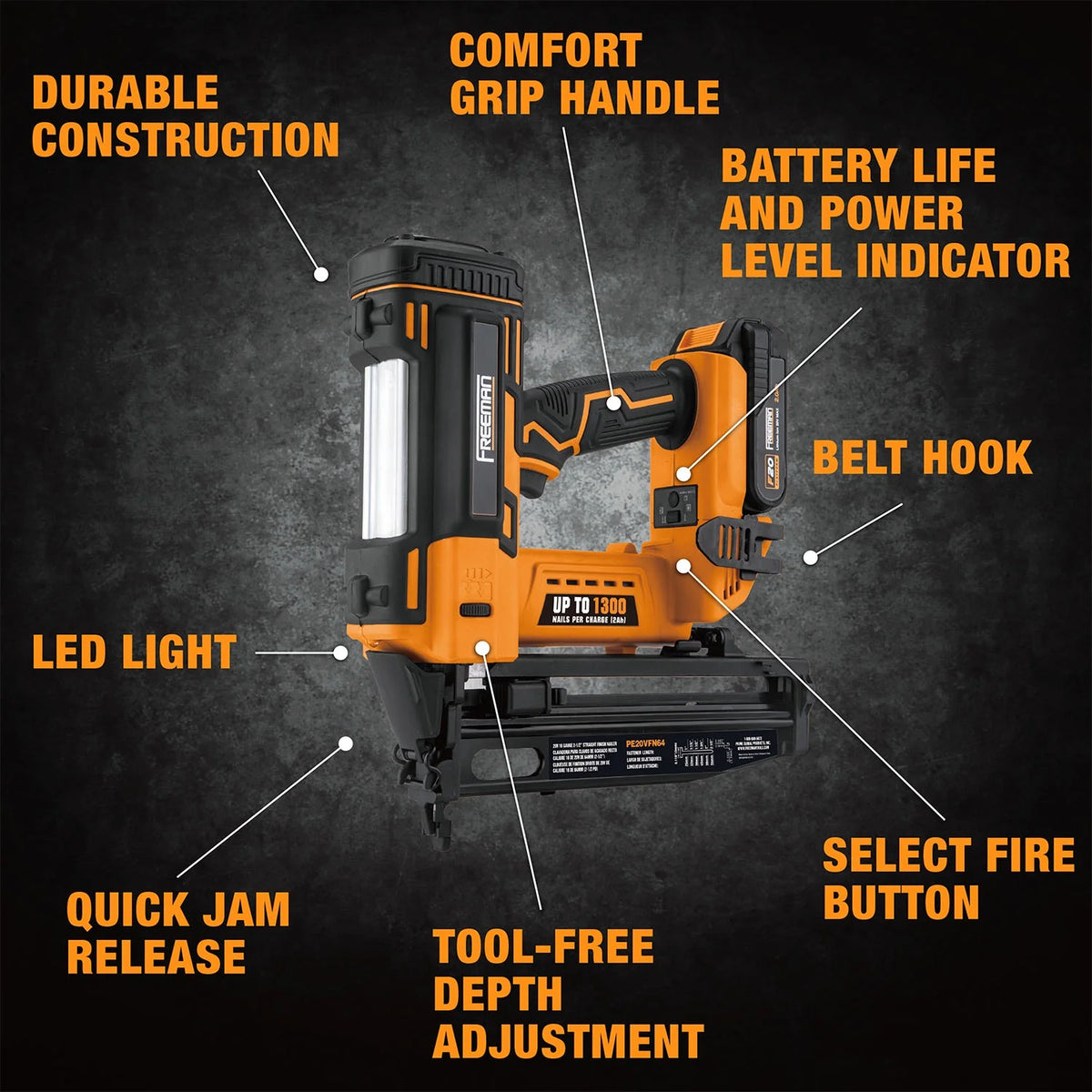 Freeman PE20VFN64 20 Volt Cordless 16-Gauge 2-1/2" Straight Finish Nailer Kit with Lithium Ion Battery, Charger, Bag, and Nails (200 Count) -C 1300 Shots per Charge