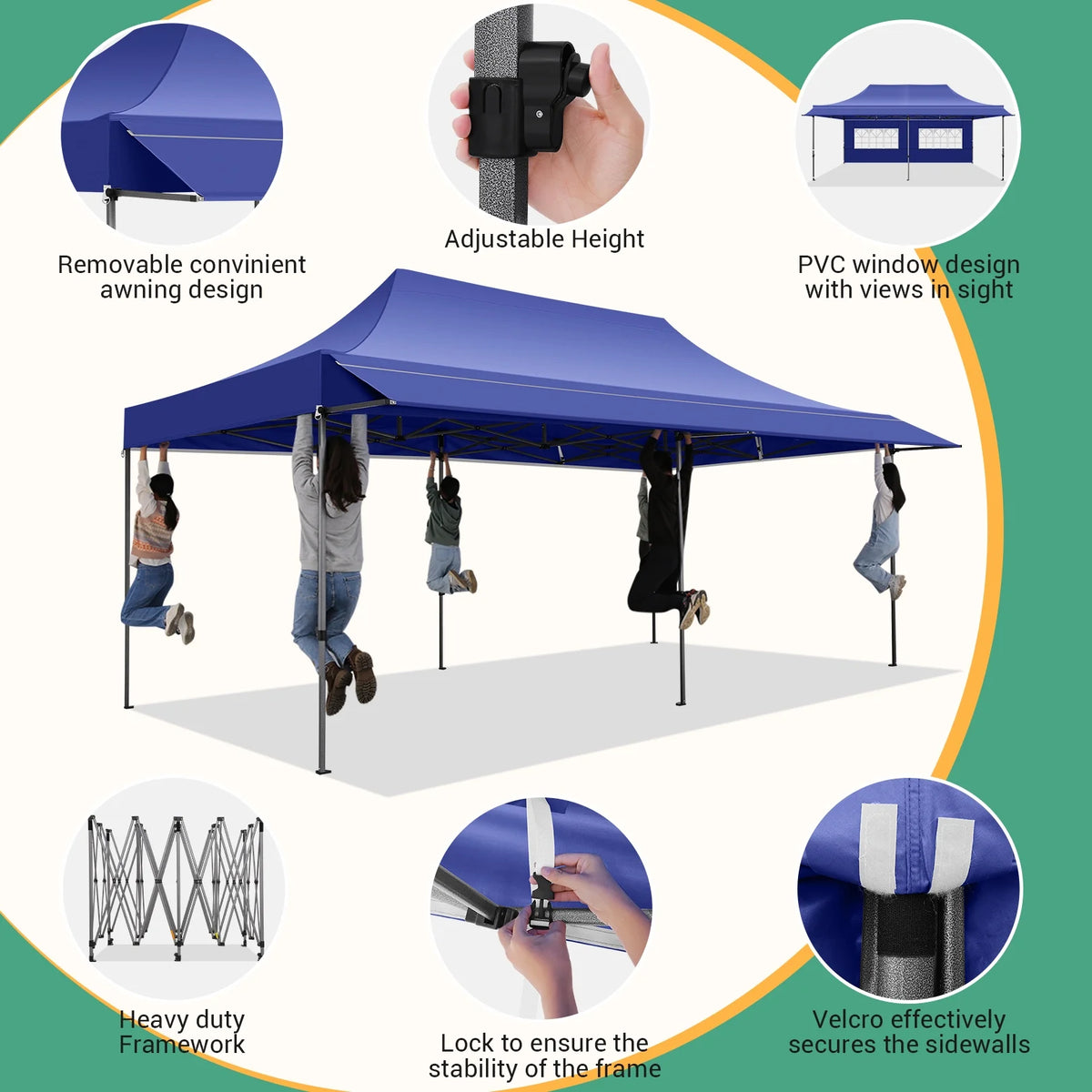 COBIZI 10x20 Pop Up Canopy Heavy Duty Party Tent with Removable Awning and Sidewalls,Easy Up Outdoor Wedding Canopy,Gazebo All Season Windproof&Waterproof with Roller Bag UPF 50+,Black