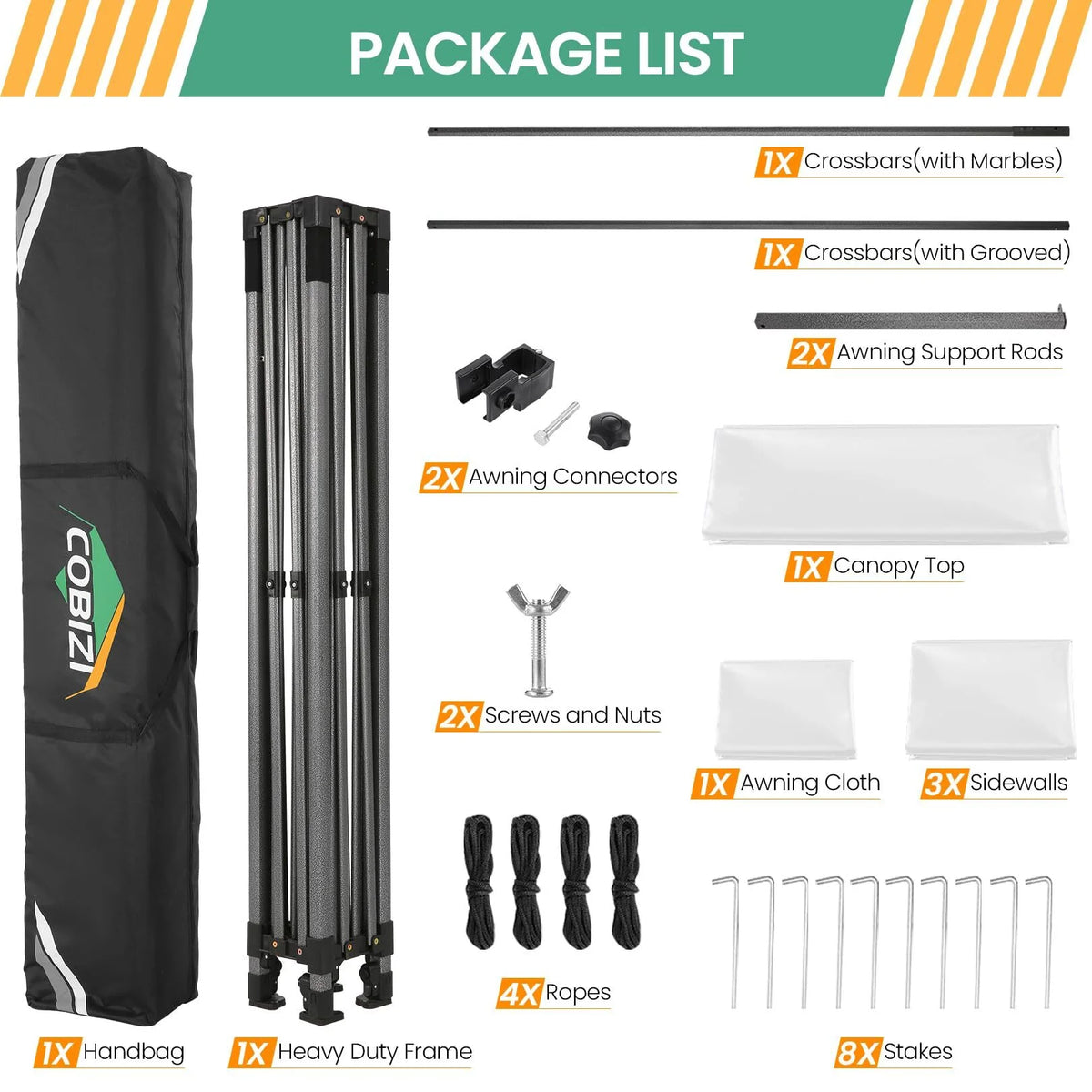 COBIZI 10x20 Pop Up Canopy Heavy Duty Party Tent with Removable Awning and Sidewalls,Easy Up Outdoor Wedding Canopy,Gazebo All Season Windproof&Waterproof with Roller Bag UPF 50+,Black