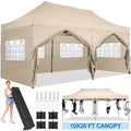 10'x20' Pop Up Canopy Waterproof Folding Tent Outdoor Easy Set-up Instant Tent Heavy Duty Commercial Wedding Party Shelter with 6 Removable Sidewalls, 4 Sandbags, Roller Bag, Khaki