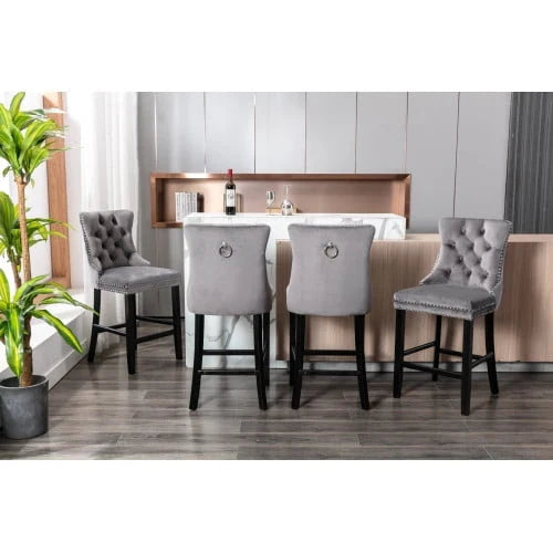 2026 NewVelvet Bar Stools Set of 2, Upholstered Counter Height Bar Chair with Rivet and Button Trim, Bar Stool with Back and Footrest, for Dining Room, Kitchen, Pub, Gray