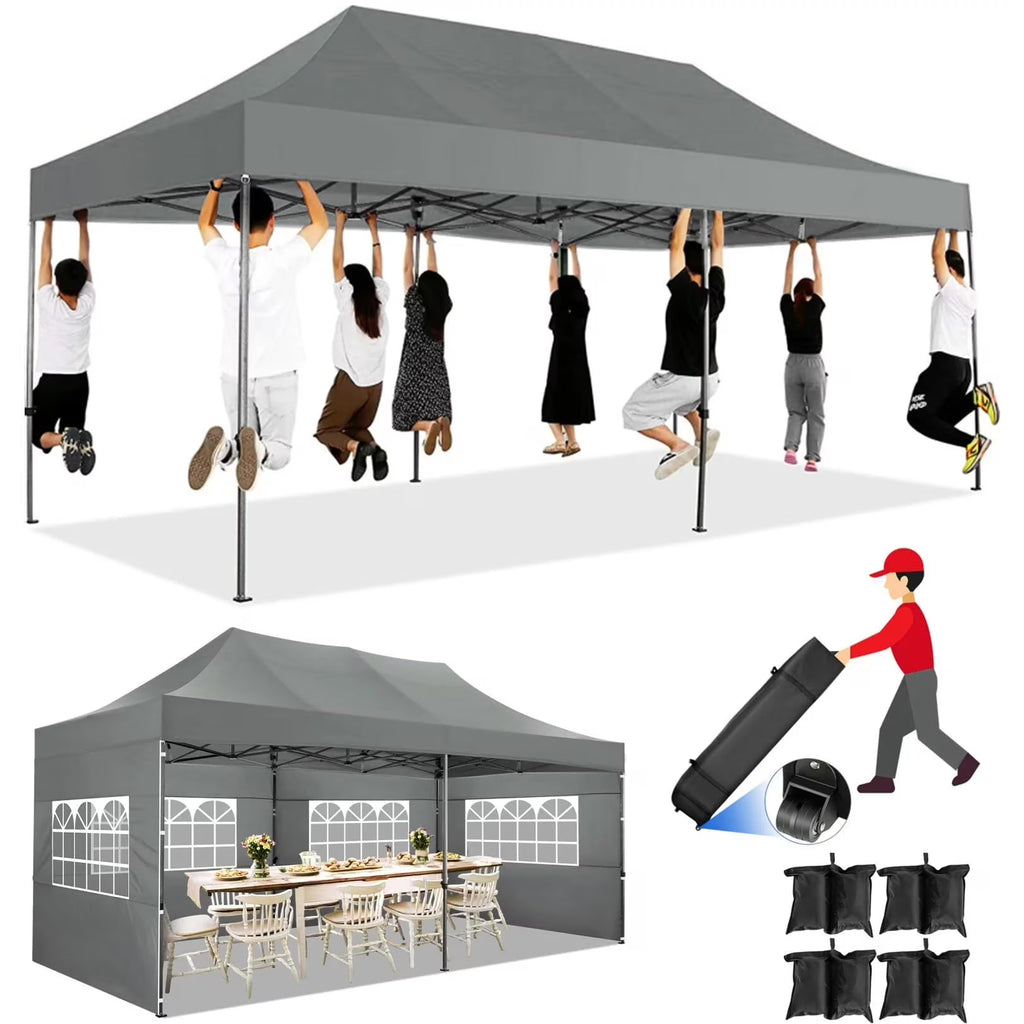 COBIZI 10x20 Heavy Duty Pop up Canopy Tent with 6 sidewalls Easy Up Commercial Outdoor Canopy Wedding Party Tent for Beach All Season Wind & Waterproof Gazebo with Roller Bag,Black(Frame Thickened)