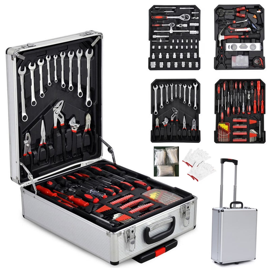799 Pieces Professional Mechanics Hand Tool Set, Mobile Tool box on Wheels W/Ratchets&Socket, Screwdriver, Tongs, 4-layer Tool Case & Tool Kit, Silver