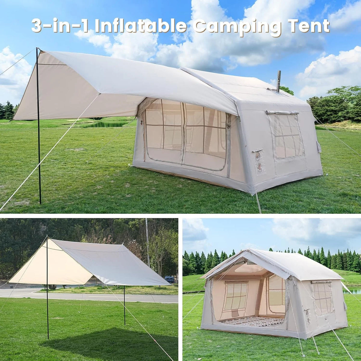 Zikebtuy 2/6/8 Person Inflatable Camping Tent, Easy Setup Blow Up Air Tent with Hand Pump, Waterproof 4-Season Glamping Tent with Large Mesh Windows & Oversized Canopy for Couples, Group & Family