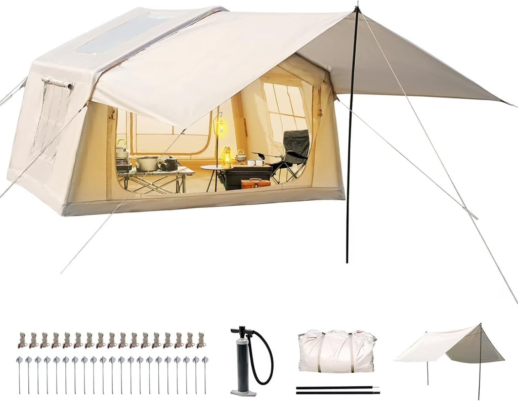 Zikebtuy 2/6/8 Person Inflatable Camping Tent, Easy Setup Blow Up Air Tent with Hand Pump, Waterproof 4-Season Glamping Tent with Large Mesh Windows & Oversized Canopy for Couples, Group & Family