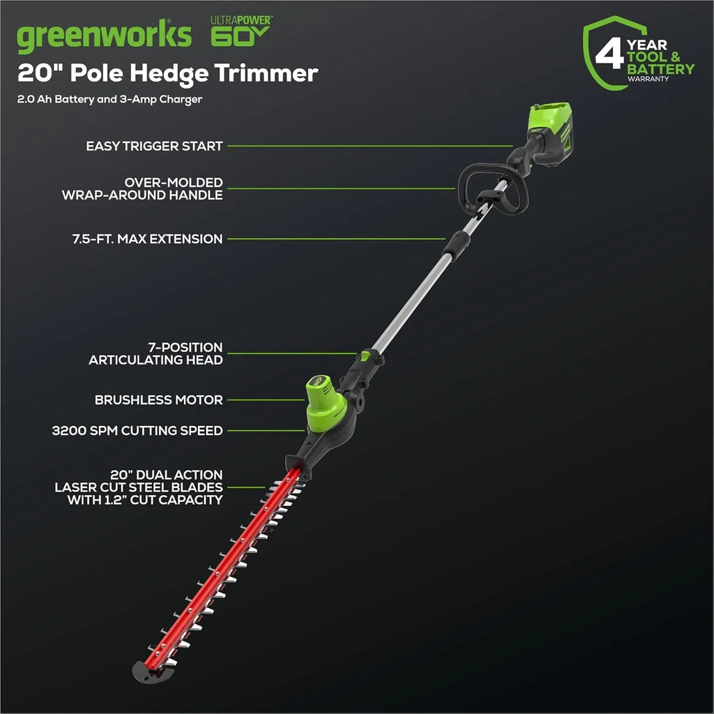 2026 NewGreenworks 60V 20" Brushless Cordless Battery Powered Pole Hedge Trimmer, 2.0Ah Battery and Charger Included