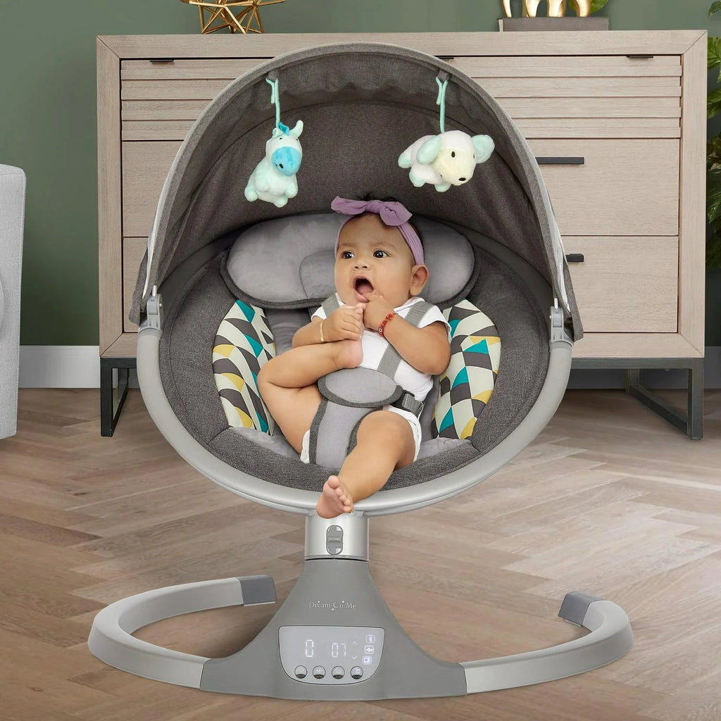 2026 NewDream On Me Zazu Baby Swing. Baby Swing for Infant. 5 - Swinging Speed. Two Attached Toys. Bluetooth Enabled and Remote Control. Grey and Blue