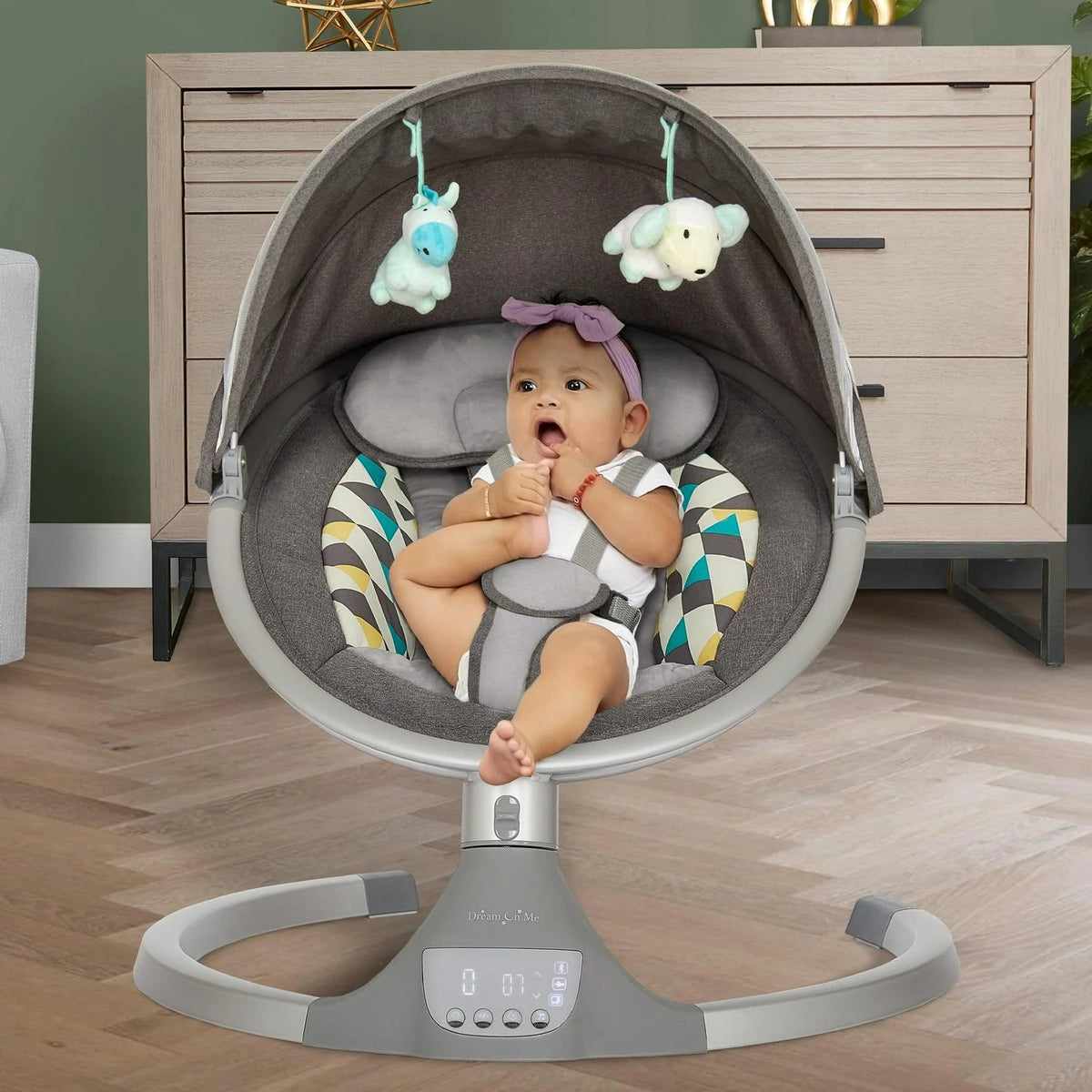 2026 NewDream On Me Zazu Baby Swing. Baby Swing for Infant. 5 - Swinging Speed. Two Attached Toys. Bluetooth Enabled and Remote Control. Grey and Blue