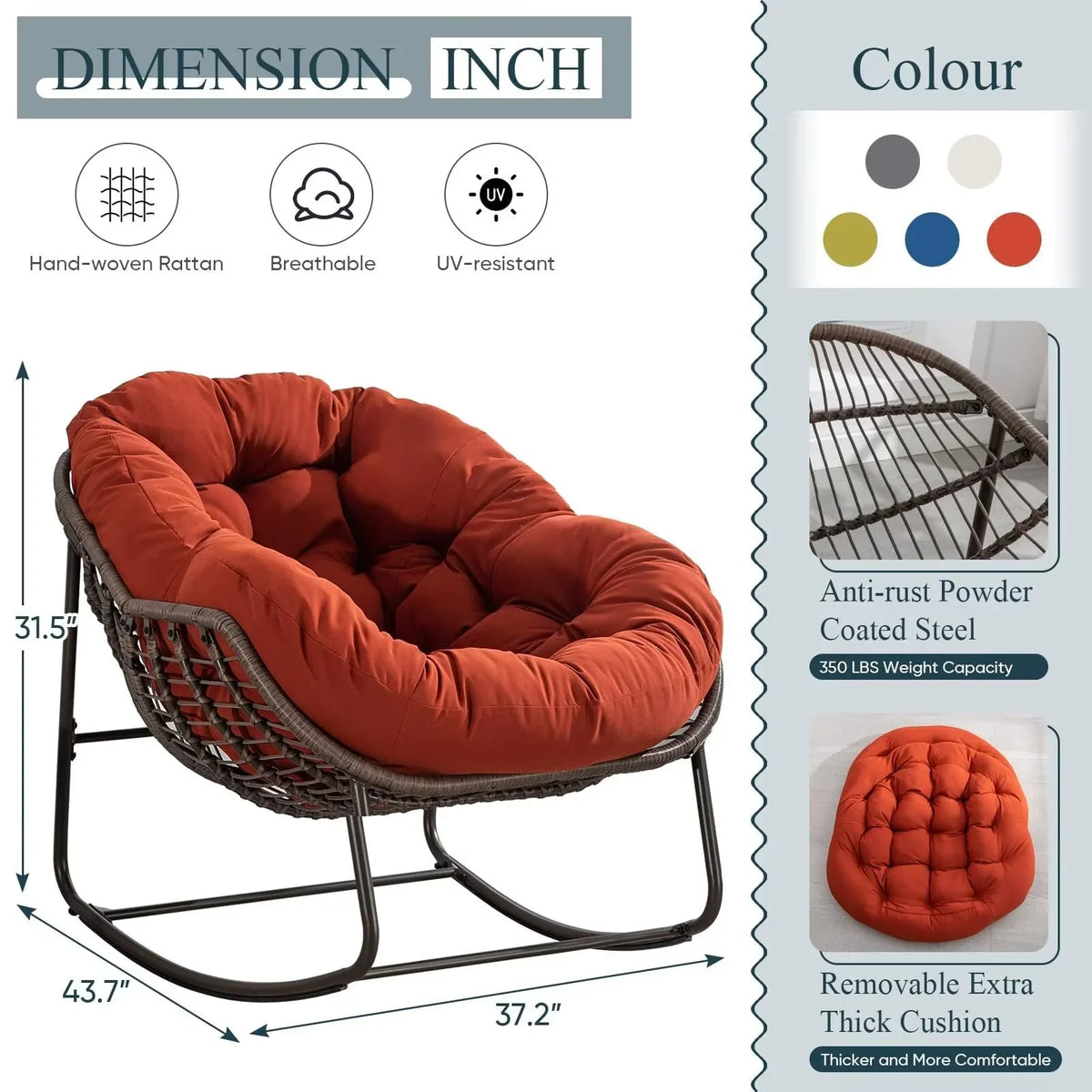 2026 NewOutdoor Papasan Rocking Chair, Patio Oversized Wicker Egg Rocking Chair, Indoor & Outdoor Comfy Rocker Chair with Thick Cushion, Modern Lounge Chair for Front Porch, Garden, Backyard, Grey