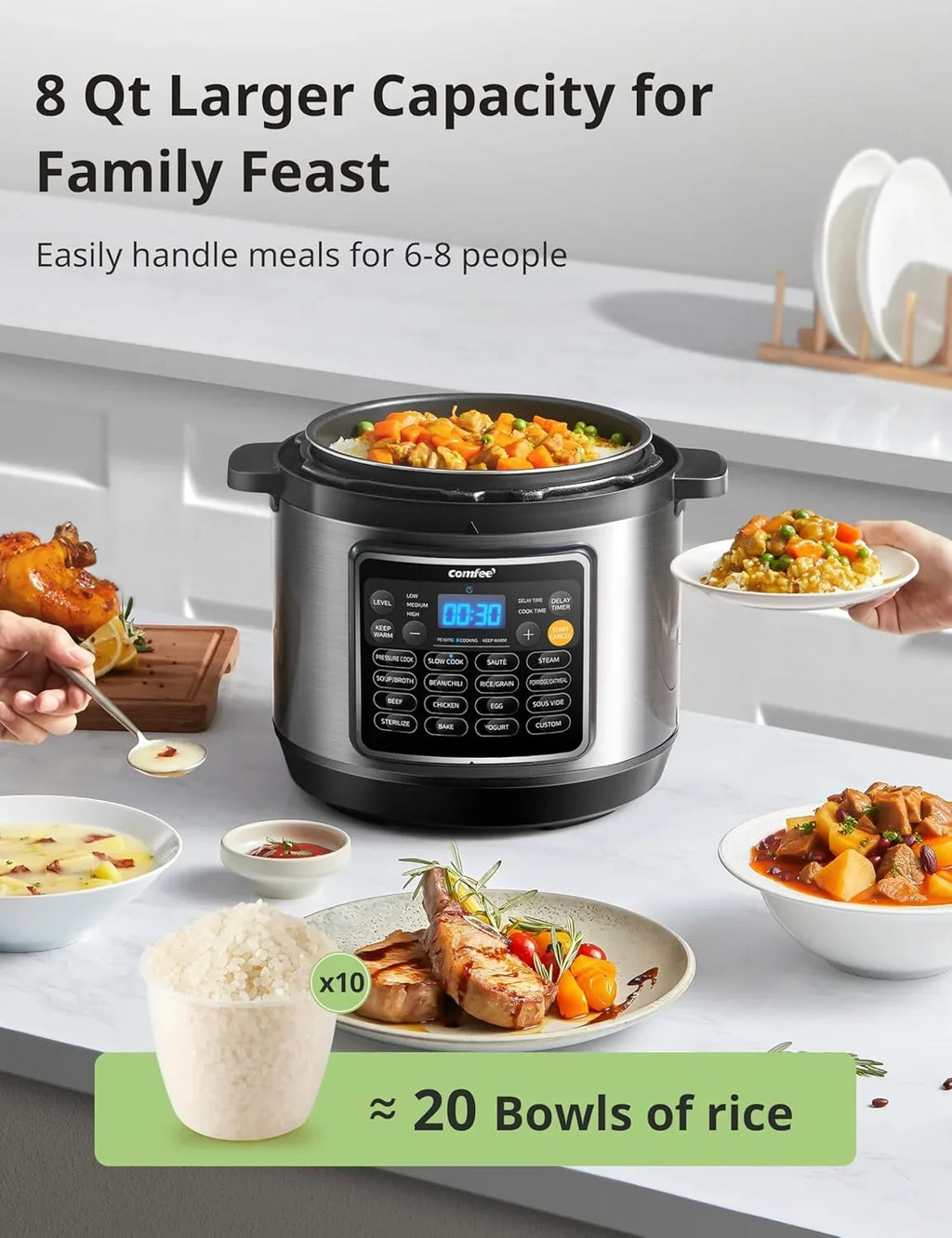 2026 NewCOMFEE" 16 in 1 Electric Pressure Cooker Instant Multi Cooker Olla de Presion Non-Stick Pot Yogurt Maker Rice Cooker Slow Cooker Saut" Steamer 8 Quarts Stainless Steel