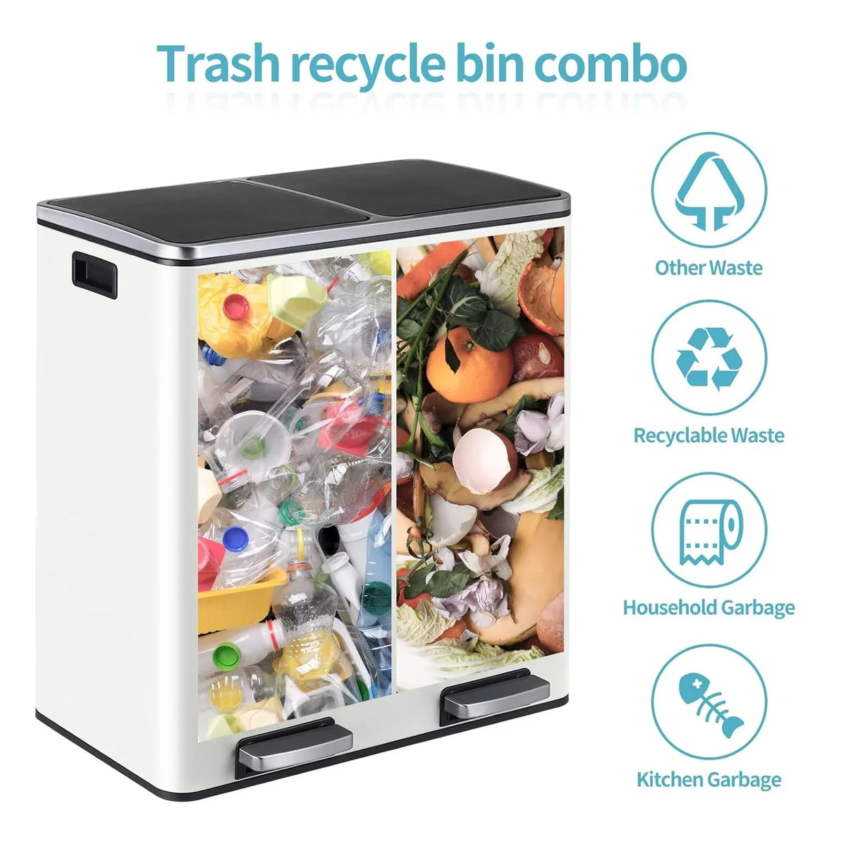 2026 NewLAZY BUDDY Dual Garbage Can, Stainless Steel 16 Gallon Step Kitchen Trash Can with Soft-Close Lid, Double Compartment Garbage Recycling Bin