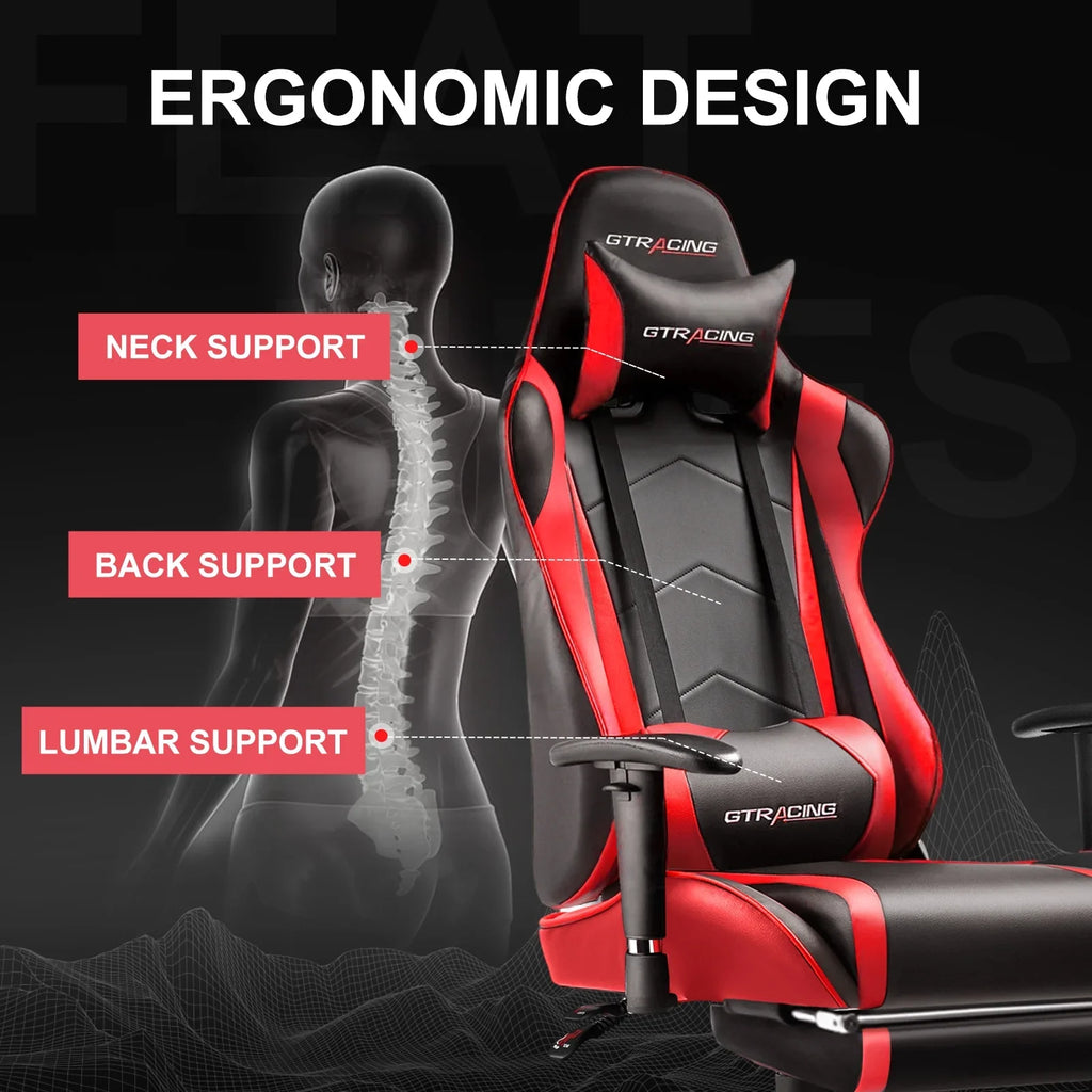2026 NewGTRACING Gaming Chair, Ergonomic Office Desk Chair with Lumbar Support, PU Leather, Footrest & Adjustable Headrest, Red
