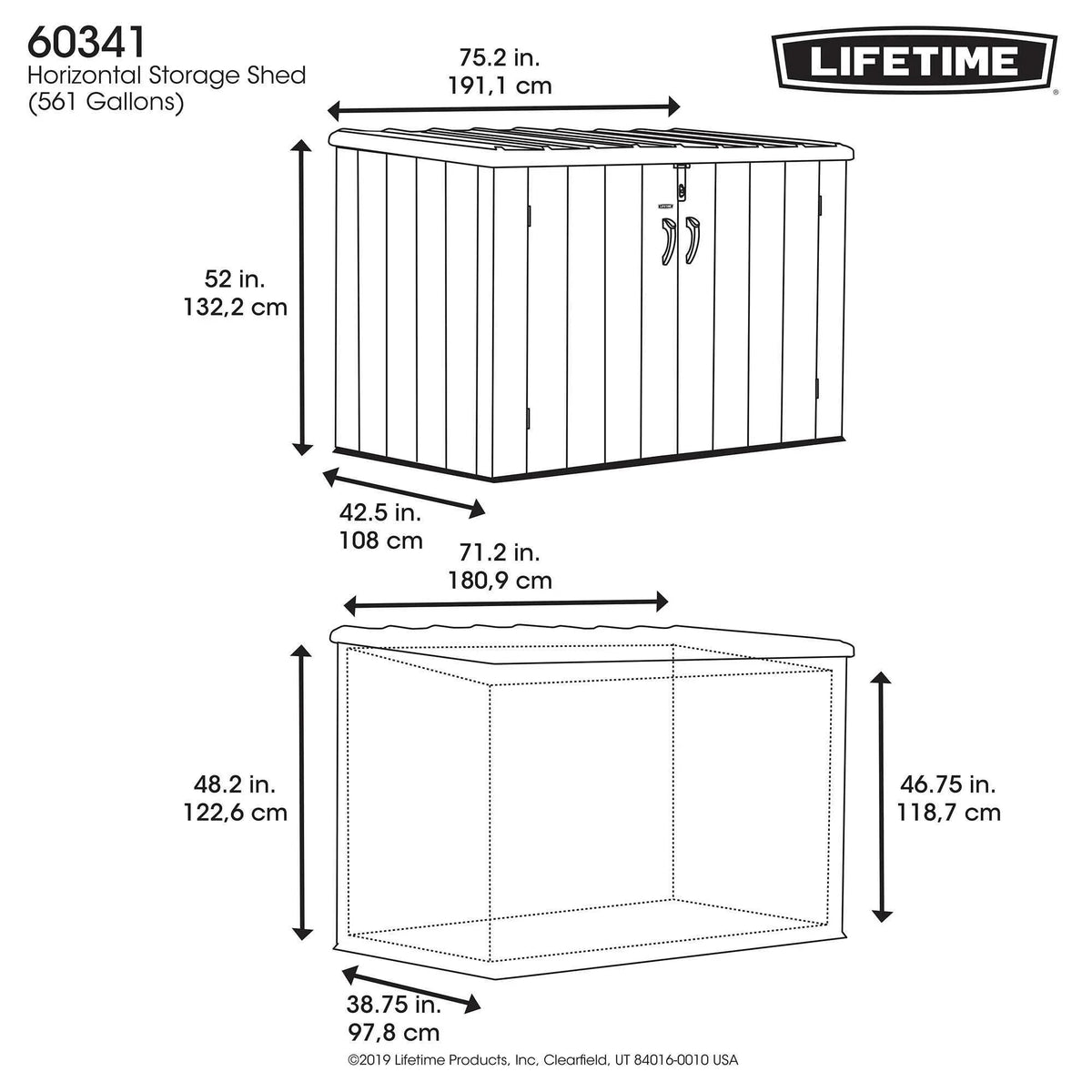 2026 NewLifetime Lockable DIY Polyethylene Horizontal Storage Shed, 75 cubic ft., Light Brown (60341)