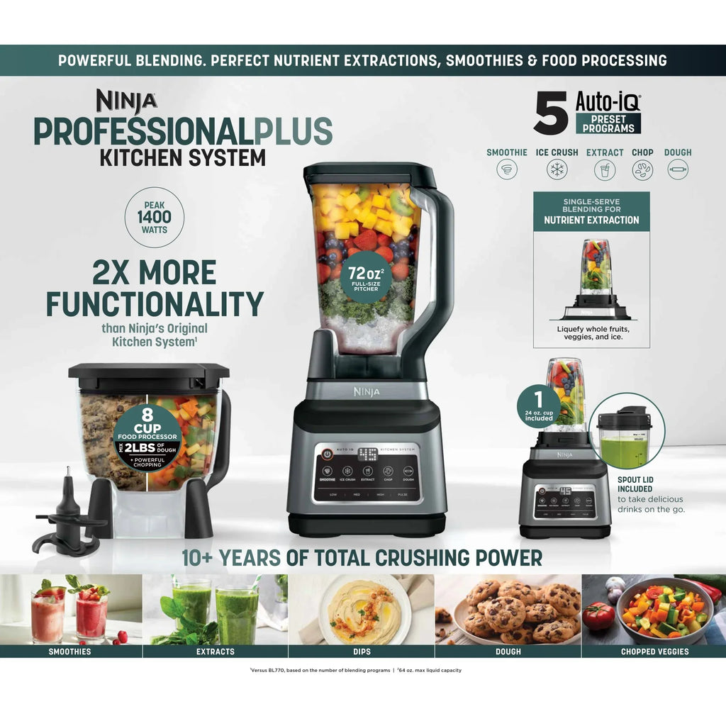 2026 NewNinja Professional Plus Kitchen System, 1400 Watts, 5 Presets for Smoothies, Chopping, Dough with Auto IQ, 72-oz.* Blender Pitcher, 64-oz. Processor Bowl, 24-oz. To-Go Cups, Black, BN800