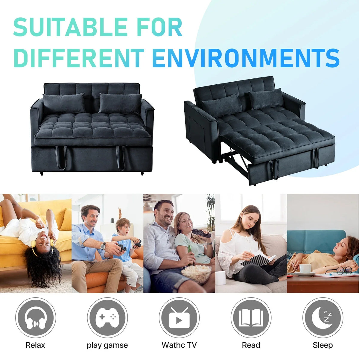 2026 New3 in 1 Convertible Sleeper Sofa Bed, Futon Couches for Living Room with Side Pocket | Adjustable Backrest| Velvet Fabric | Pull Out Couch | Love-seat sofa| Sectional Sofa Bed| 2-seat sofa bed