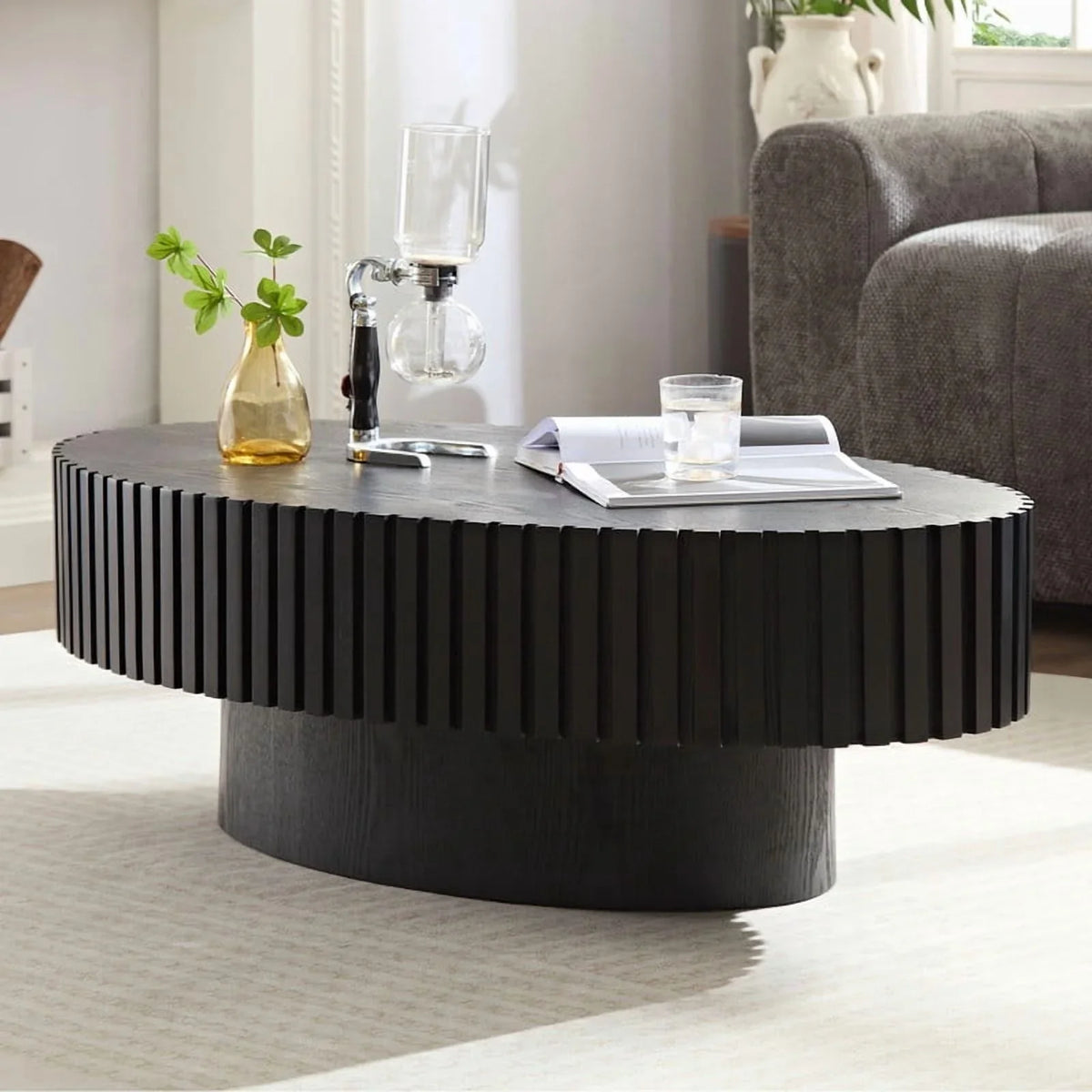 2026 NewFFH 43.7 inch Oval Coffee Table for Living Room,Handcraft Rustic Corner Coffee Table Nature Wood Relief Sturdy Pedestal for Apartmen,Side Table Centre Table,Nature Wood