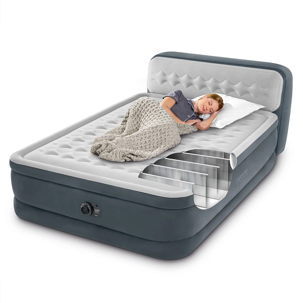 2026 NewIntex: Dura-Beam Deluxe: Ultra Plush Headboard Airbed - Queen - Gray, 18" Inflatable Mattress, Built-In Pump, Fiber-Tech, Carry Bag, 600lb Cap 64447ED