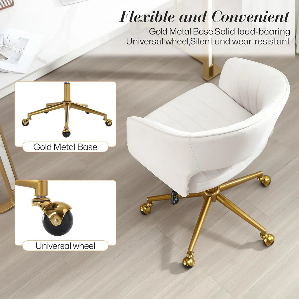 2026 NewHome Office Swivel Desk Chair, Modern Velvet Vanity Chair, Height Adjustable Armchair with Gold Base, Ergonomic Office Chair for Task Study Computer Room, Beige