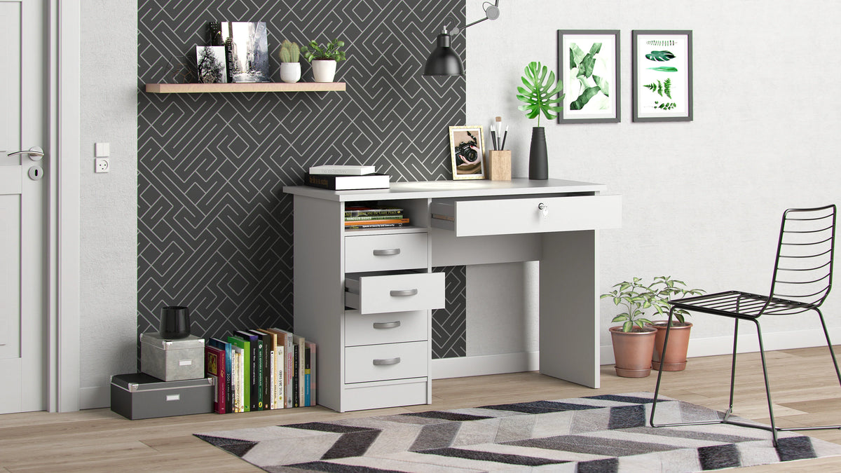 2026 NewTvilum Walden 5 Drawer Office Desk with 1 Locking Drawer for Adults, White
