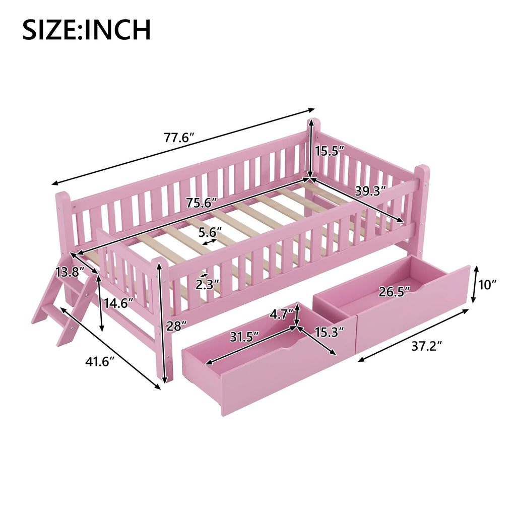 2026 NewEuroco Wood Twin Size Platform Bed with 2 Drawers and Ladder for Kids and Toddlers, White