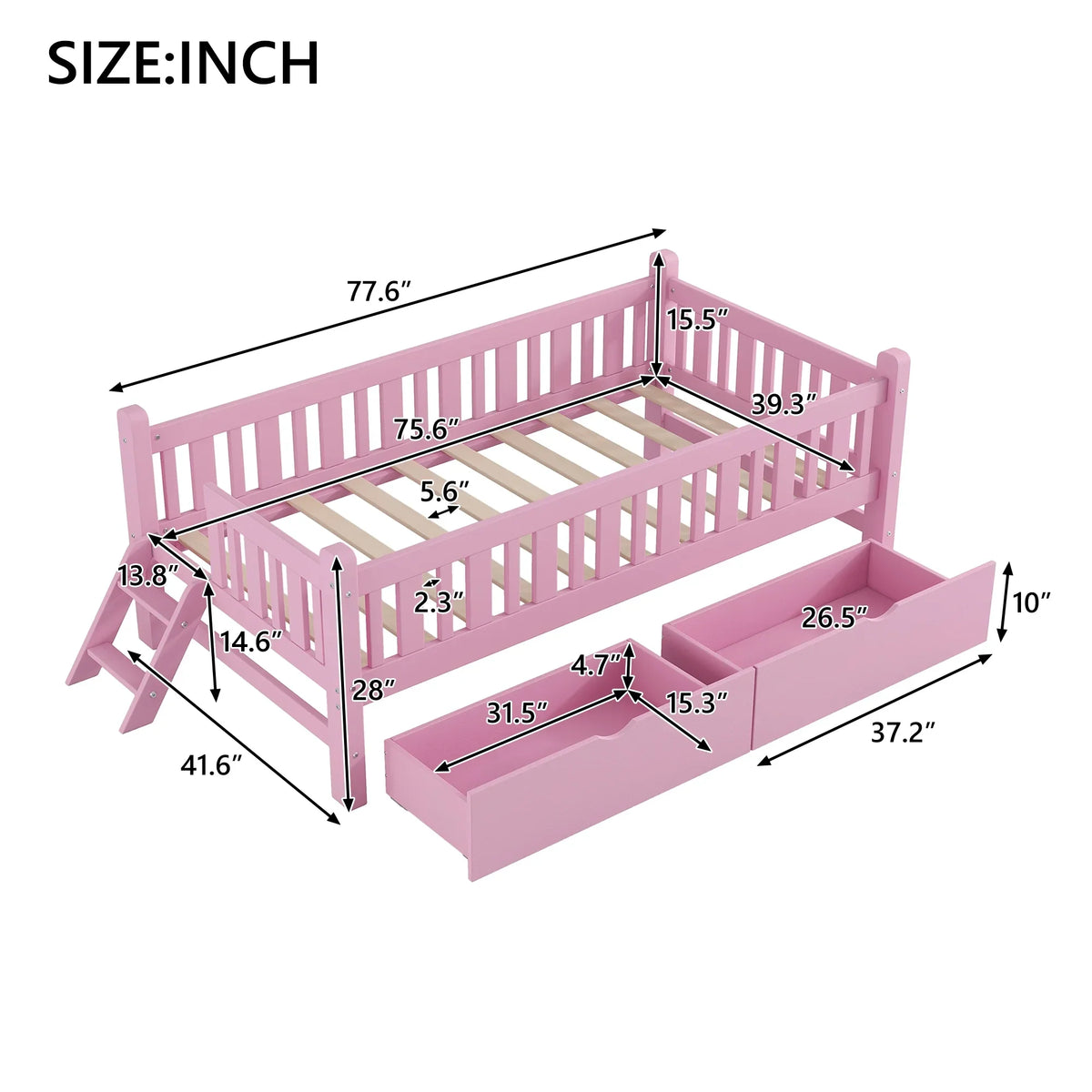 2026 NewEuroco Wood Twin Size Platform Bed with 2 Drawers and Ladder for Kids and Toddlers, White