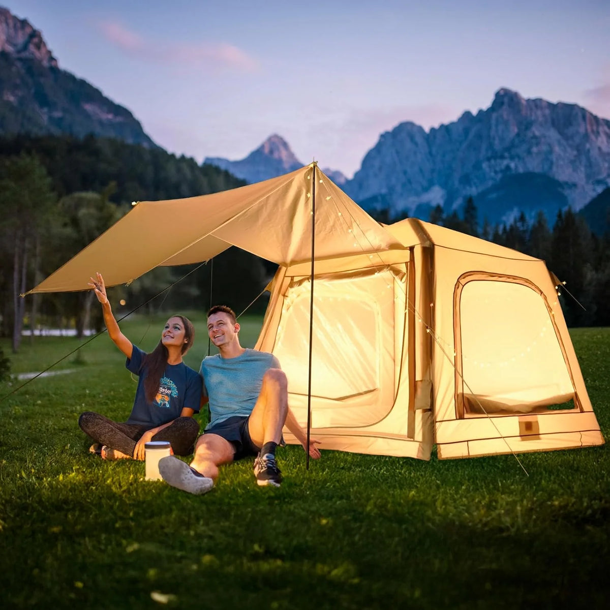 Zikebtuy 2/6/8 Person Inflatable Camping Tent, Easy Setup Blow Up Air Tent with Hand Pump, Waterproof 4-Season Glamping Tent with Large Mesh Windows & Oversized Canopy for Couples, Group & Family