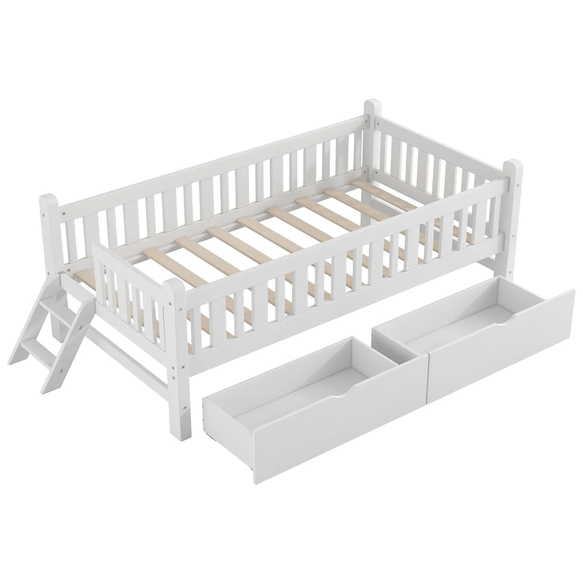 2026 NewEuroco Wood Twin Size Platform Bed with 2 Drawers and Ladder for Kids and Toddlers, White