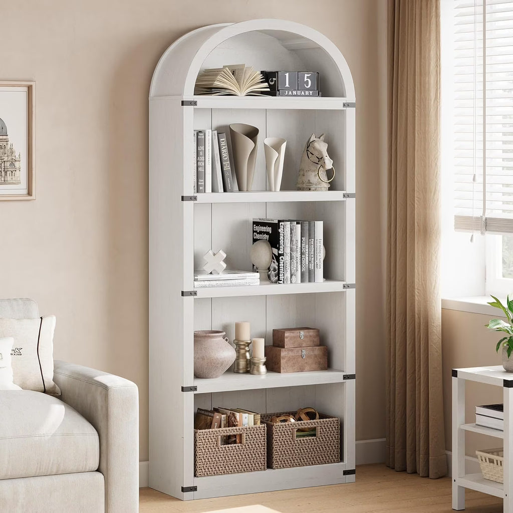 2026 NewBookcase 5 Shelf Arched Bookshelf 71.65in Tall Bookcase Farmhouse Display Storage Rack Wooden Bookshelves for Home Office, Living Room(white)