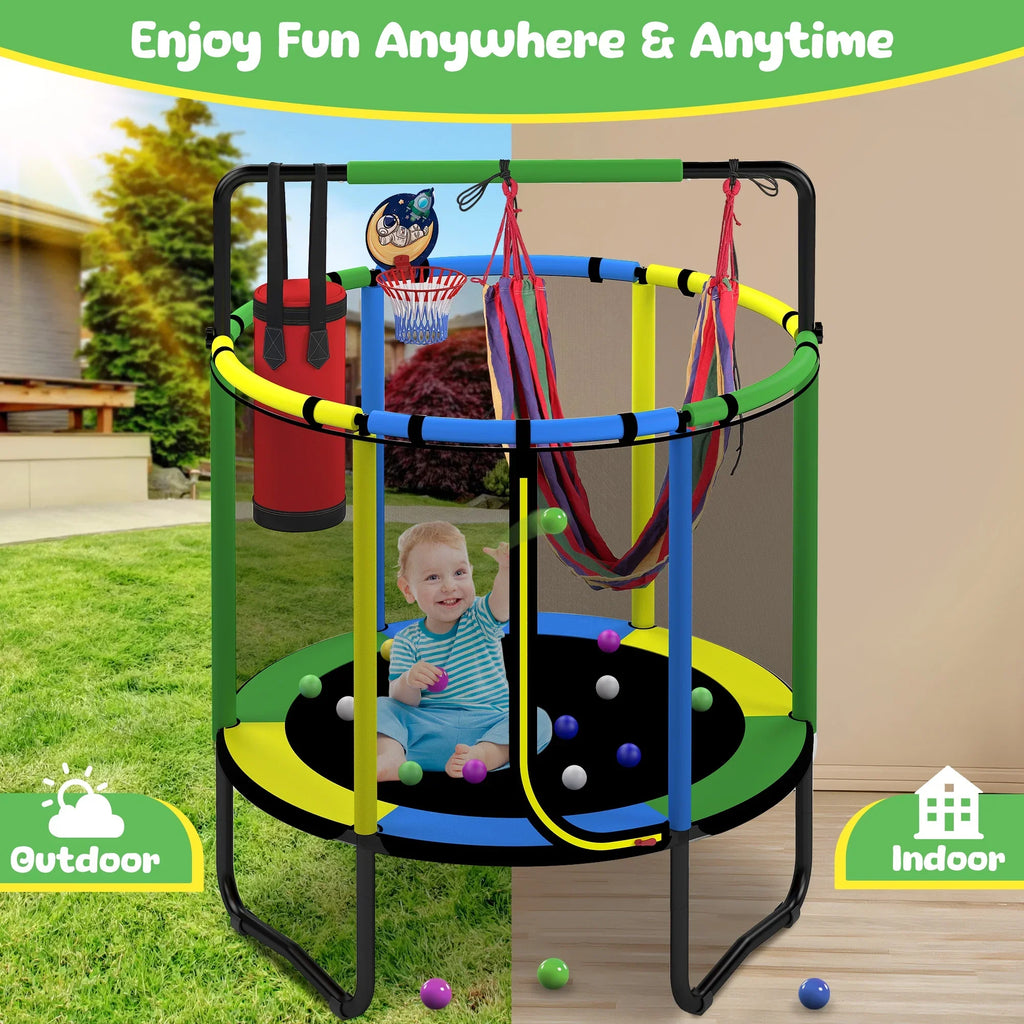 2026 NewMini Round Trampoline for Kids with Basketball Hoop, SEGMART 55'' Indoor Outdoor Toddler Trampoline with Enclosure Net, Swing, Sandbag, Ring, Ocean Balls, Small Trampoline Gift for Boys Girls, Blue