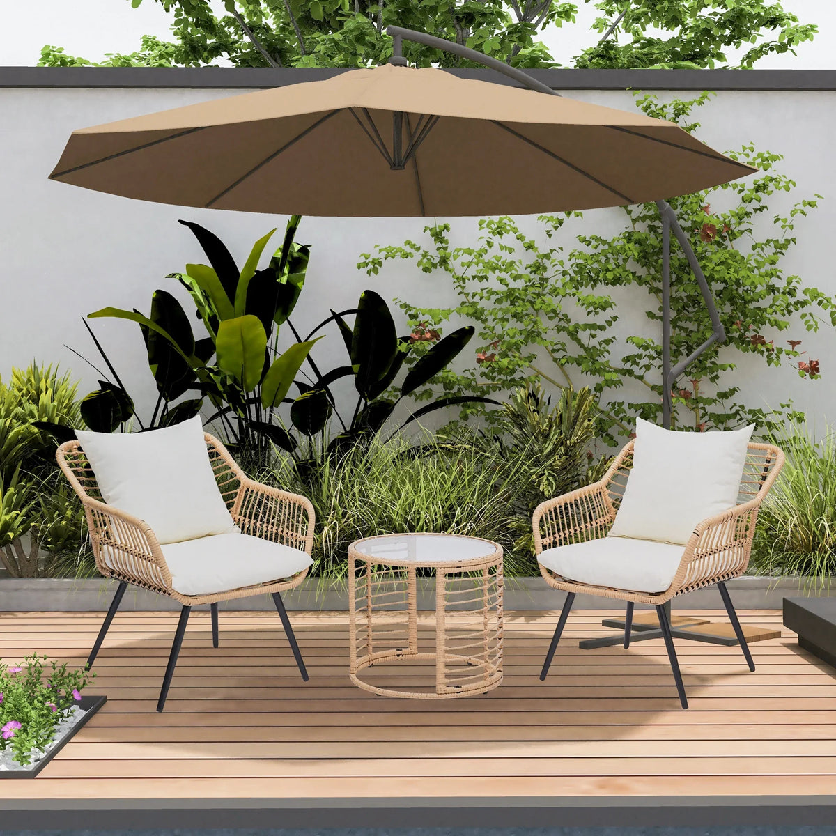2026 NewAinfox 3-Piece Steel Outdoor Bistro Sets with Metal Chairs and Glass Top Table, Beige