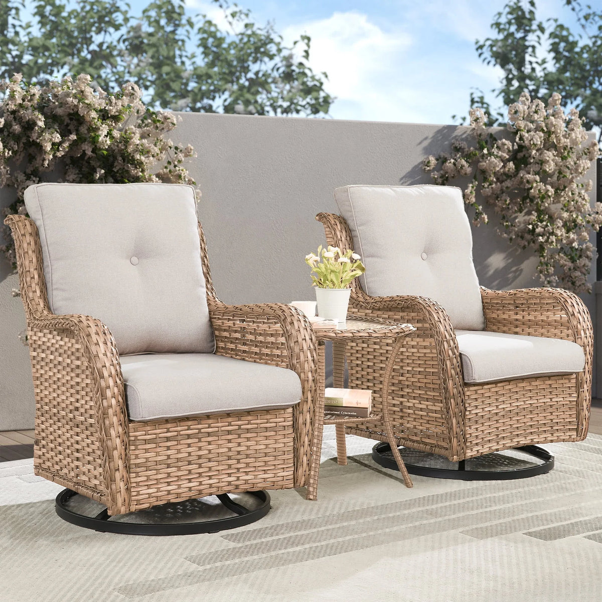 2026 NewPOCASSY 3 Piece Patio Set Outdoor Wicker Glider Rocking and Swivel Chairs with Cushions