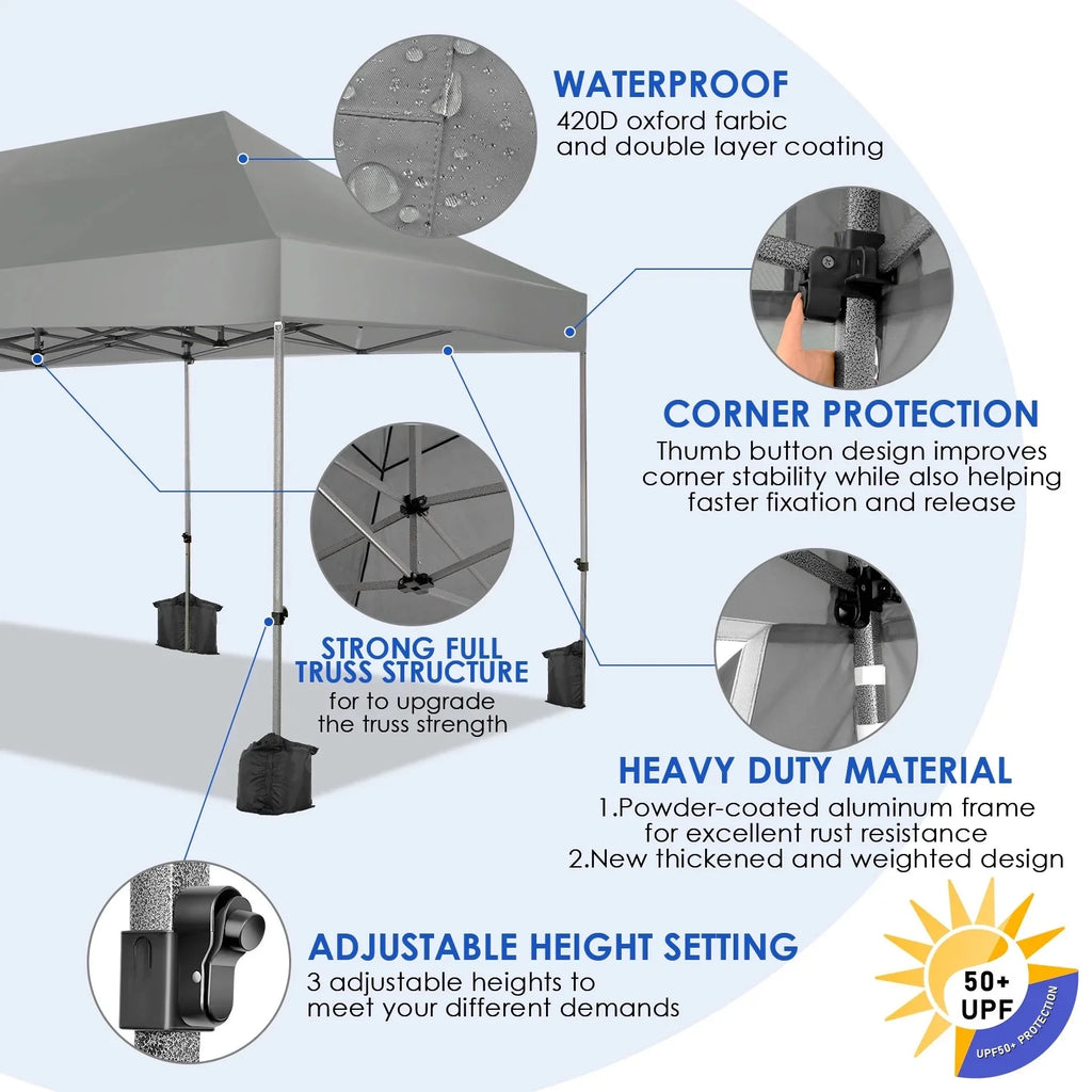COBIZI 10x20 Heavy Duty Pop up Canopy Tent with 6 sidewalls Easy Up Commercial Outdoor Canopy Wedding Party Tent for Beach All Season Wind & Waterproof Gazebo with Roller Bag,Black(Frame Thickened)
