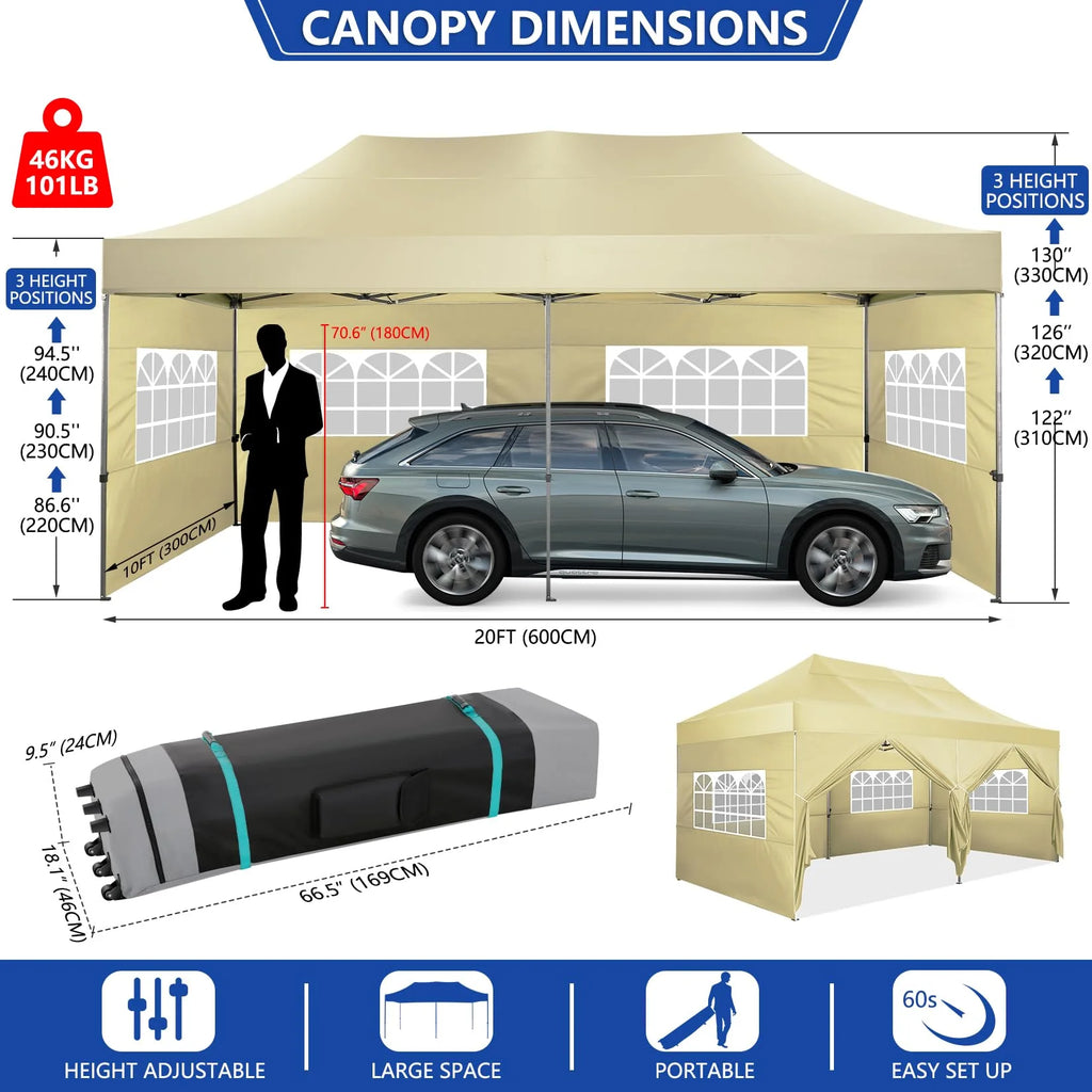 HOTEEL 10x20 Pop up Canopy with 6 Sidewalls Commercial Heavy Duty Canopy UPF 50+ All Weather Waterproof Outdoor Wedding Party Tents Gazebo with Roller Bag, Khaki