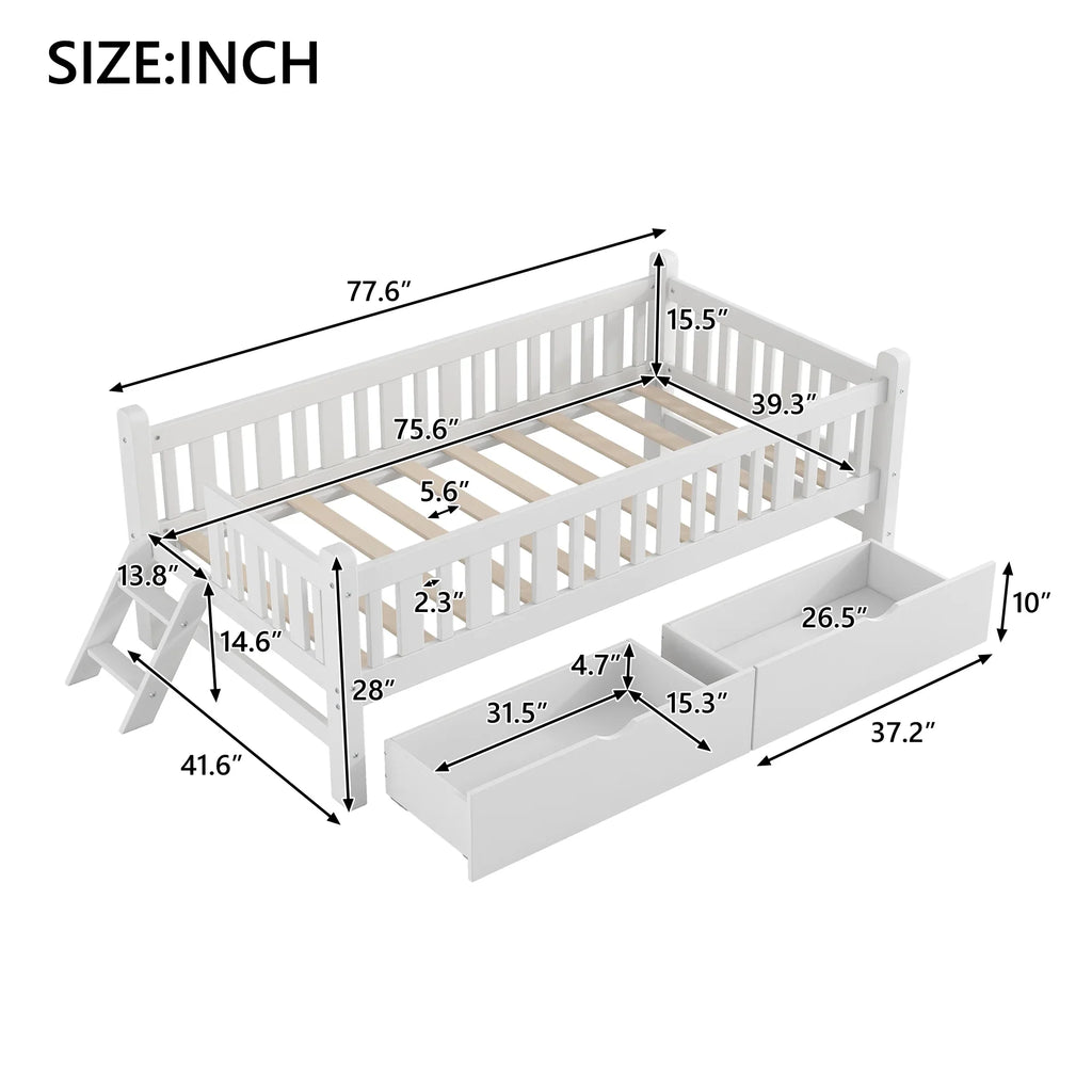 2026 NewEuroco Wood Twin Size Platform Bed with 2 Drawers and Ladder for Kids and Toddlers, White