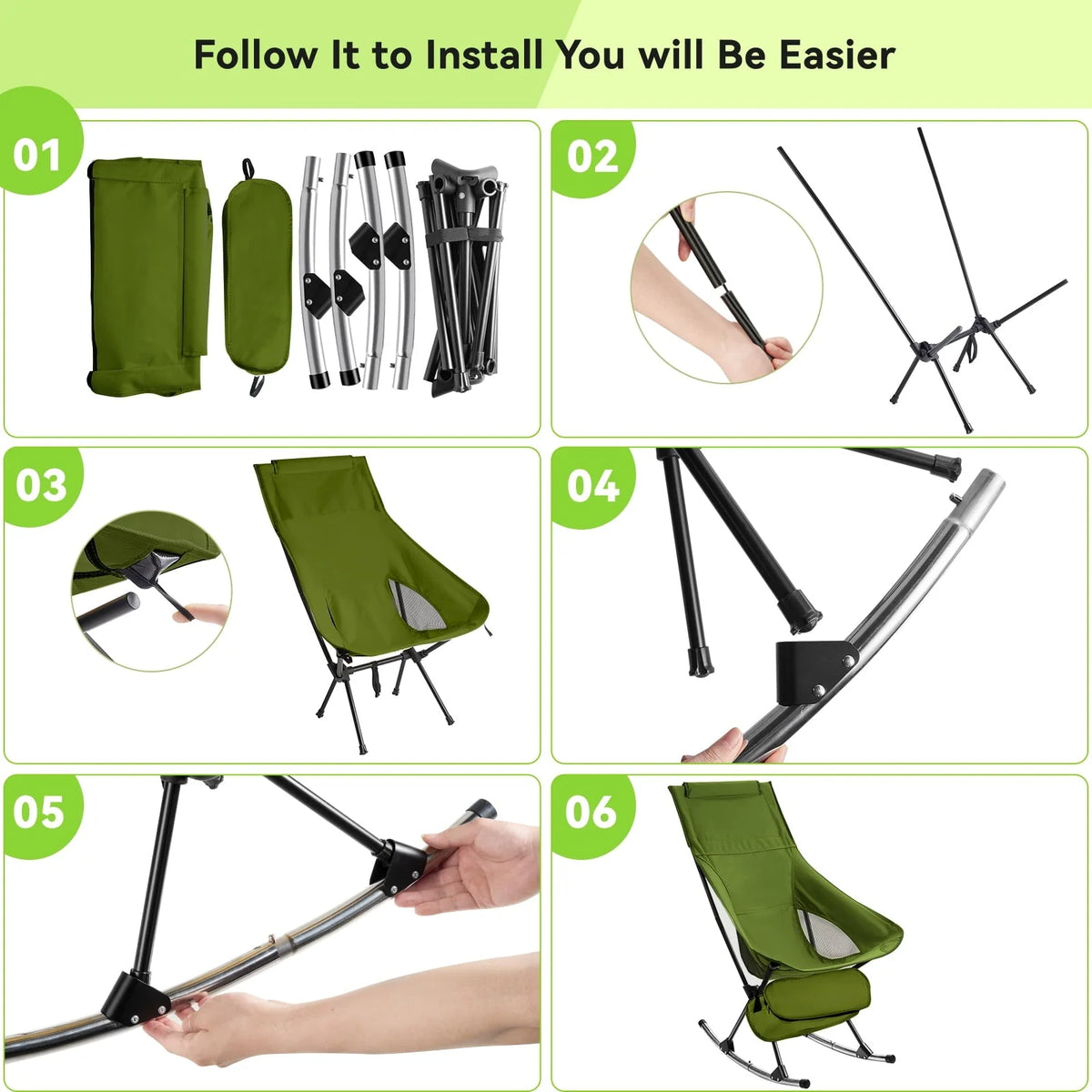 Camping Chair, VECUKTY High Back Rocking Chair 240 lbs Capacity, Heavy Duty Compact Outdoor Portable Folding Rocker Chair for Camping Hiking Gardening Travel Beach Picnic,Green