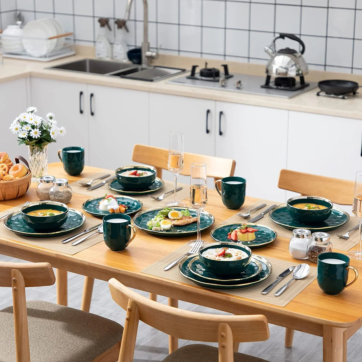 2026 NewLOVECASA Dinnerware Sets, Stoneware Dinner Set for 8, 32-Piece Round Dark Green and Gold, Series Sweet