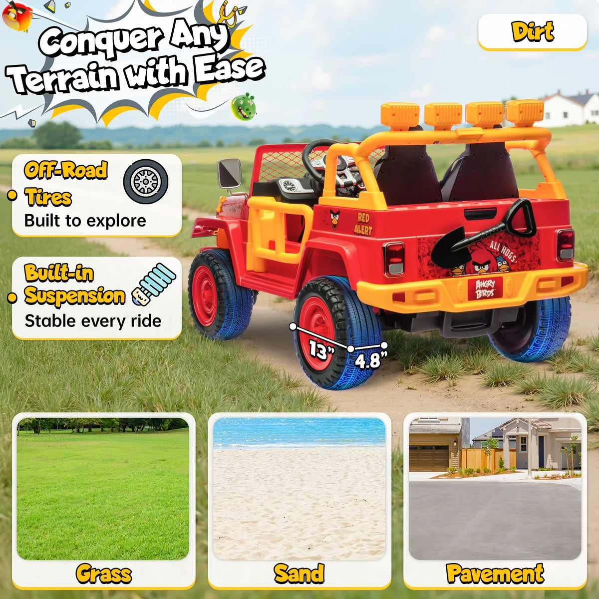 2026 NewJoyracer 24 Volt Ride on Toys for Big Kids, Licensed Angry Birds Ride on Truck with Remote, 2 Seater 4WD Electric Ride ons with Shovel, Bluetooth, Lights, Power Car Wheels for 3-8, 130lbs, Green