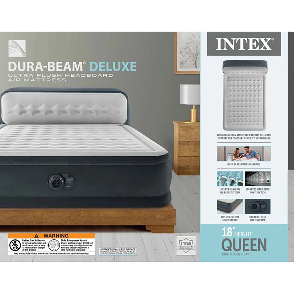 2026 NewIntex: Dura-Beam Deluxe: Ultra Plush Headboard Airbed - Queen - Gray, 18" Inflatable Mattress, Built-In Pump, Fiber-Tech, Carry Bag, 600lb Cap 64447ED