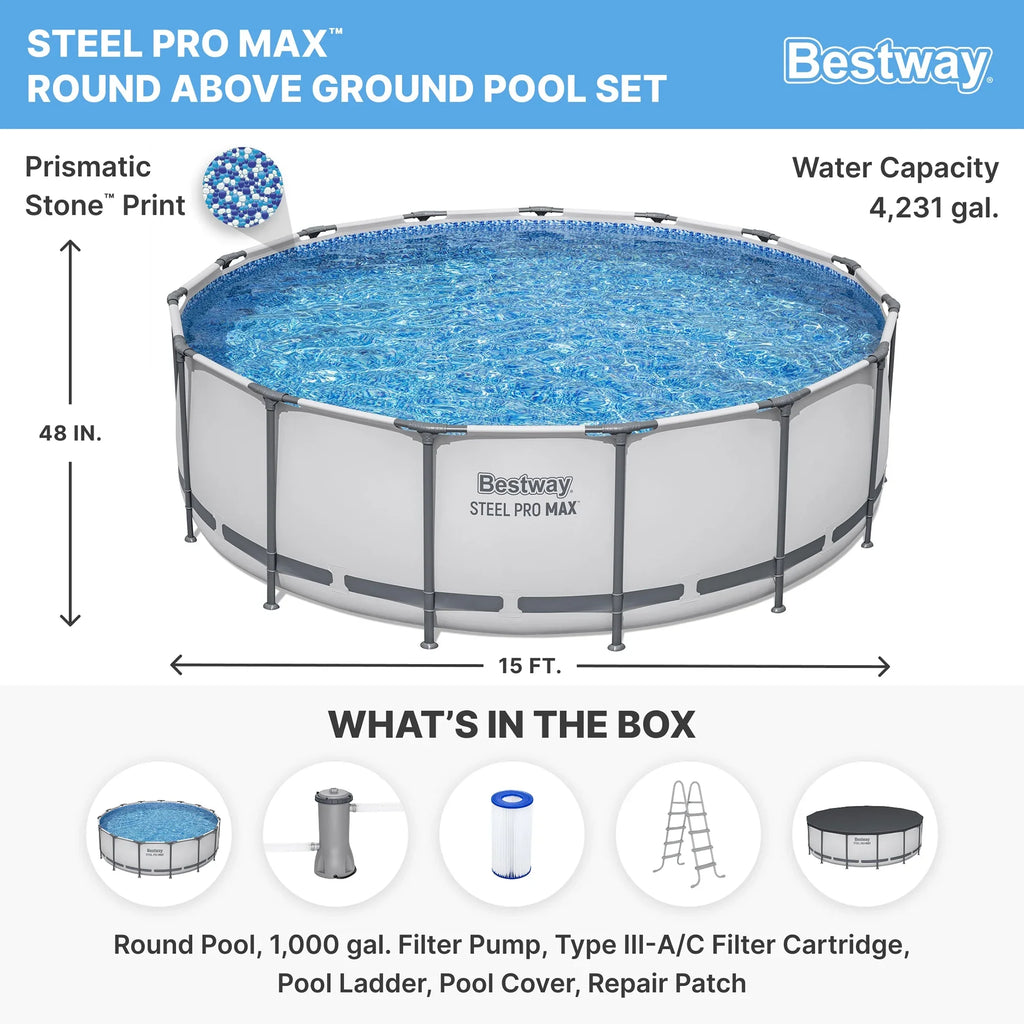 2026 NewBestway: Steel Pro MAX 15' X 48" Above Ground Pool Set - 4231 Gallon, Outdoor Family Pool, Corrosion & Puncture Resistant, Includes Filter, Pump, Ladder & Cover