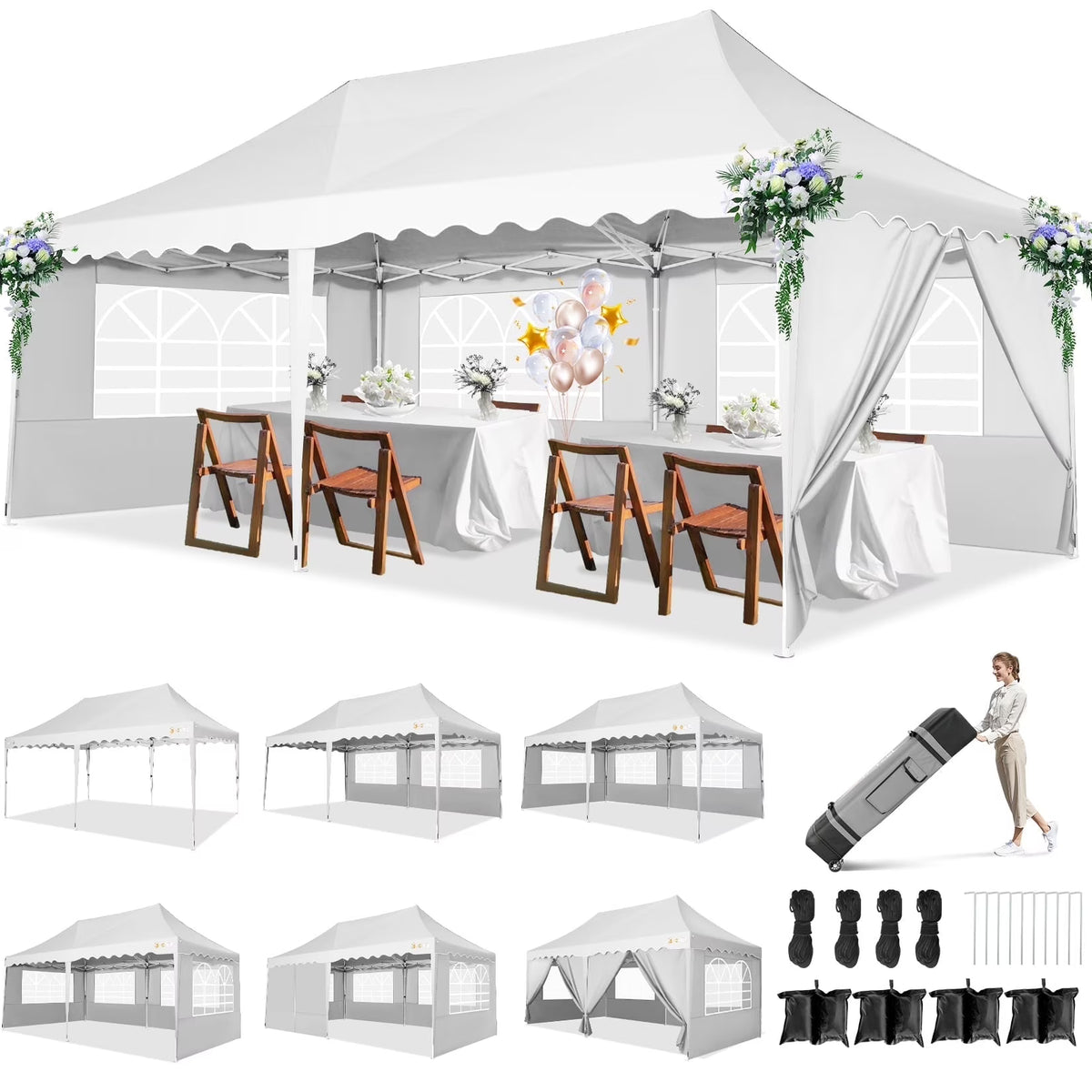COBIZI 10X20 Pop up Canopy Tent with 6 Removable Side Walls Heavy Duty,Waterproof Adjustable Outdoor Event Party tent Parties,Commercial Instant Portable,Weddings,Camping,with Wheeled Bag,Gray